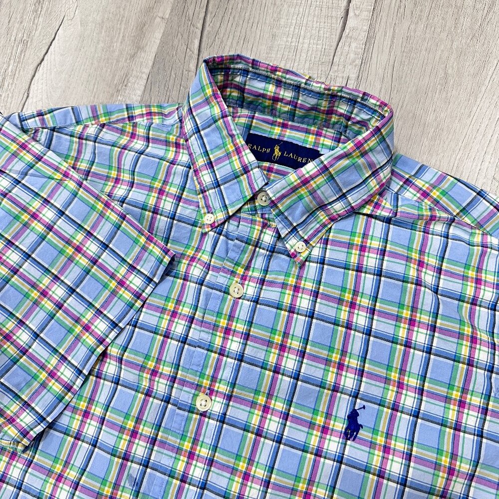 Ralph Lauren Men's Medium Classic Fit Blue Plaid Short Sleeve Button Up Shirt